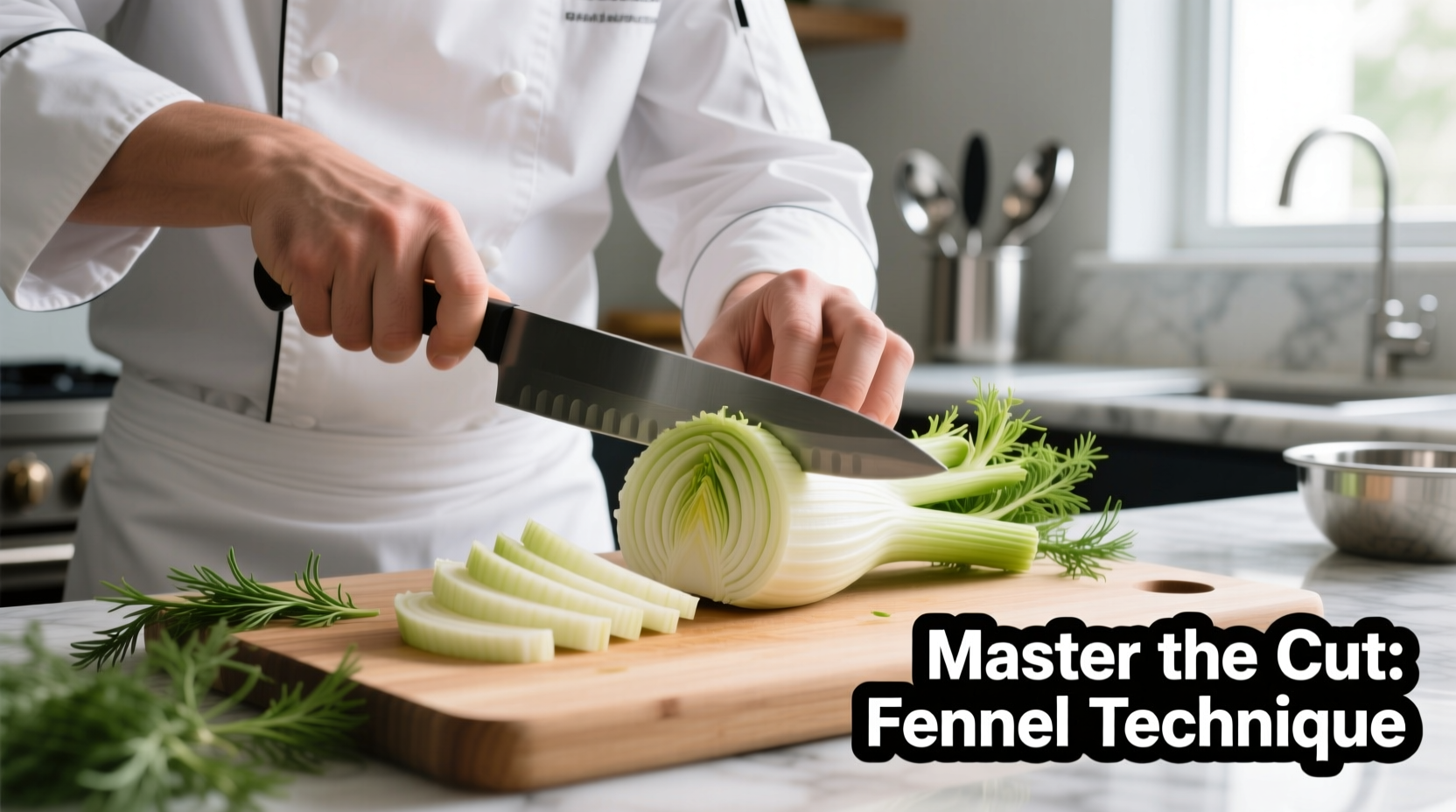 Chef demonstrating proper fennel bulb cutting technique