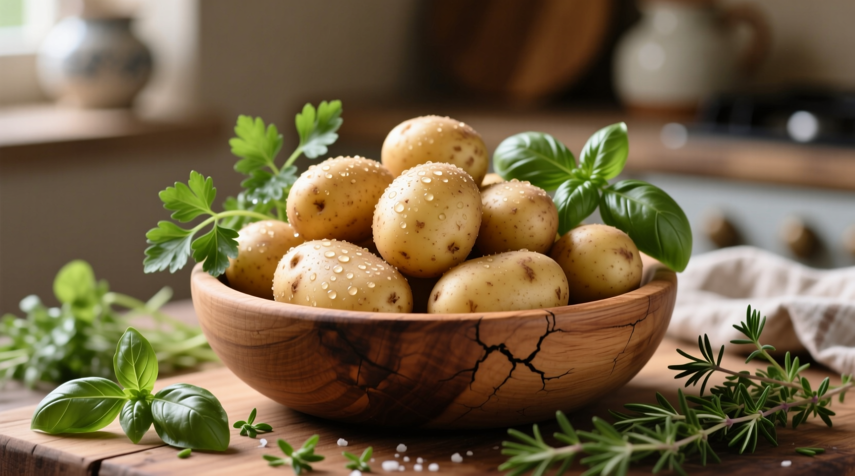 Fresh fingerling potatoes in wooden bowl with fresh herbs