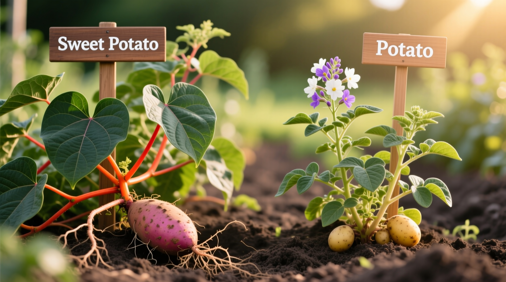 Side-by-side comparison of sweet potato and potato plants in garden