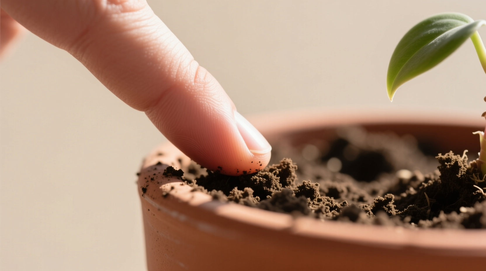 Close-up showing finger testing dry top inch of soil in houseplant pot