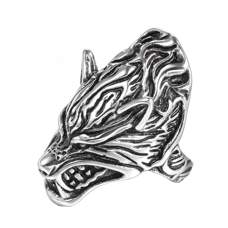 复古男人狼自行车戒指不锈钢维京狼头戒指银色狼人乐队亚马逊热朋克