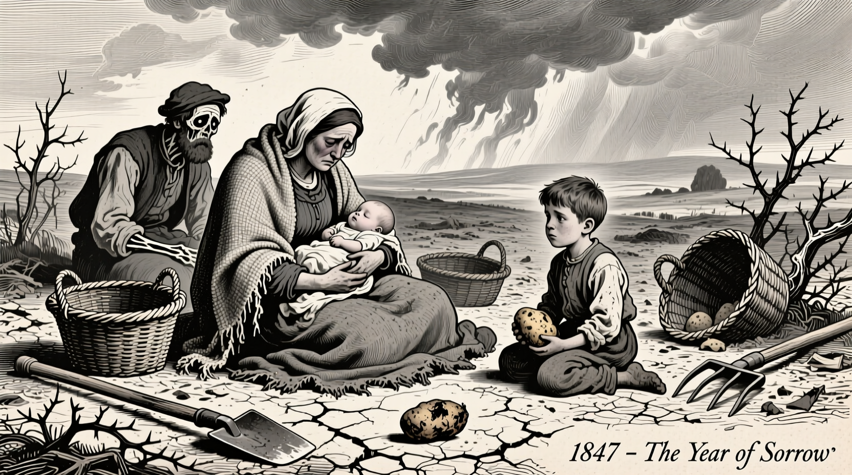 Historical illustration of Irish famine victims