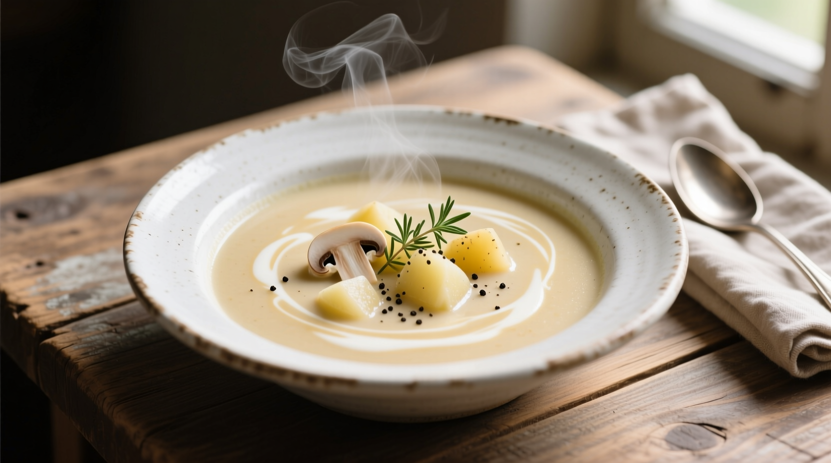 Creamy mushroom soup with potato in white bowl