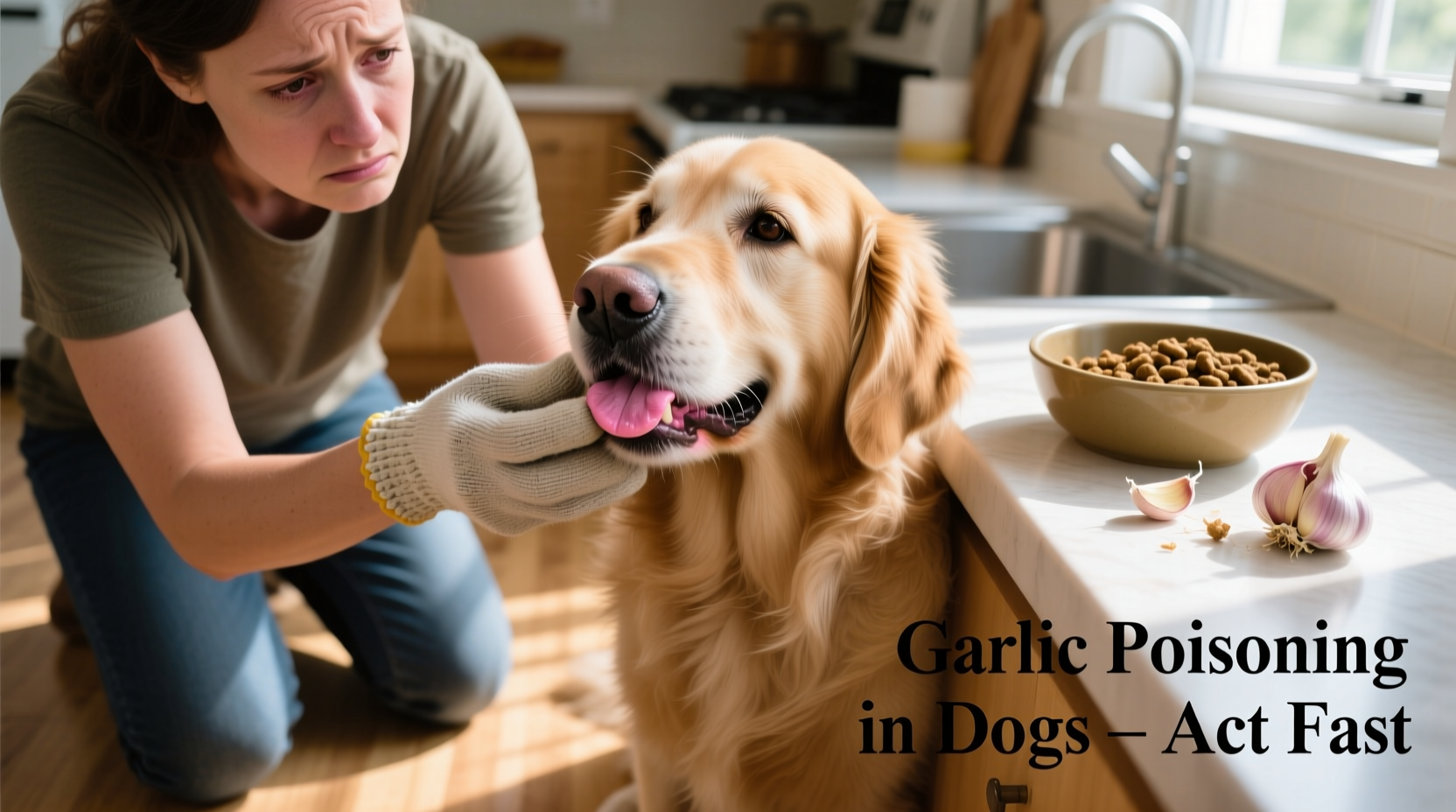 Dog owner checking pet's gums for signs of garlic poisoning