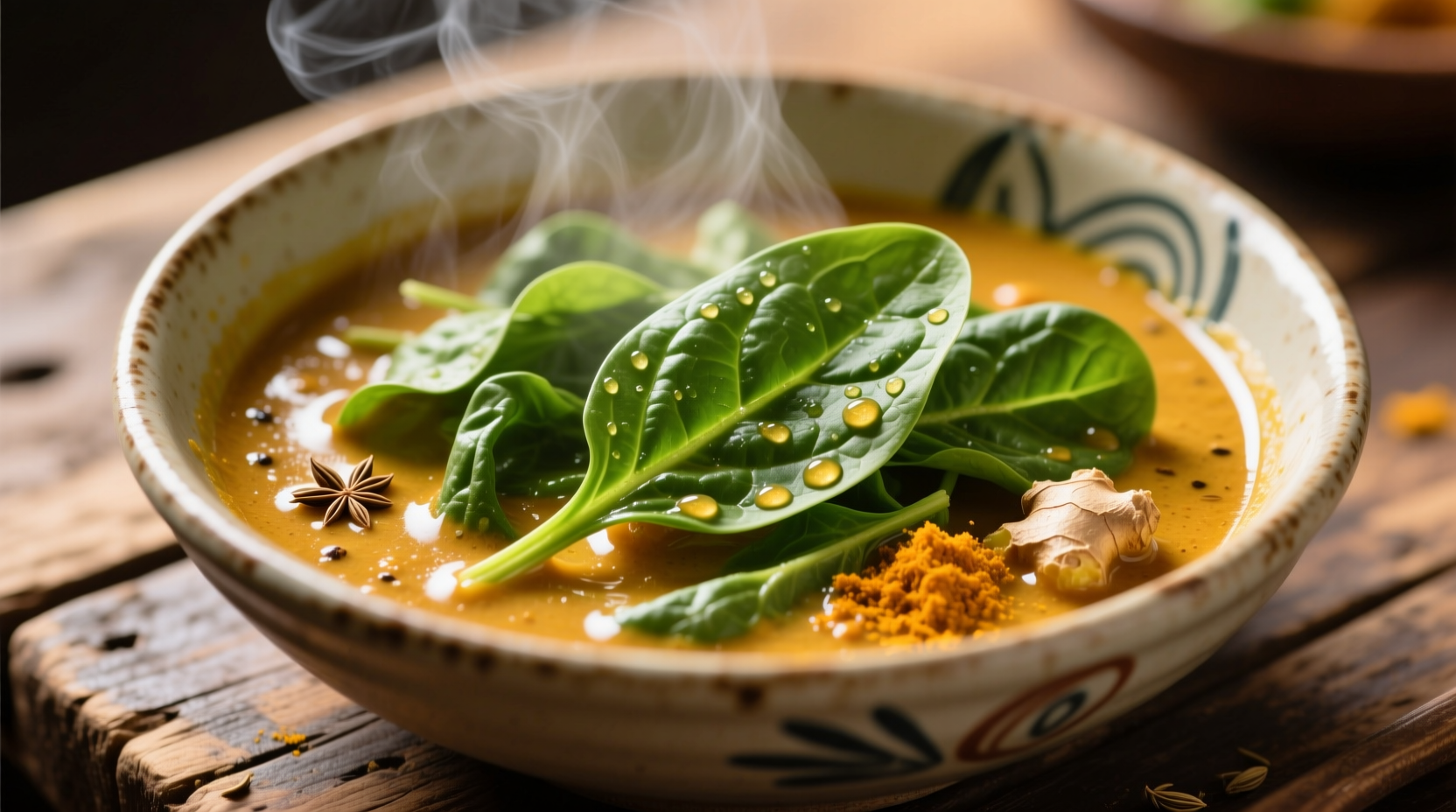Fresh spinach leaves in golden curry sauce