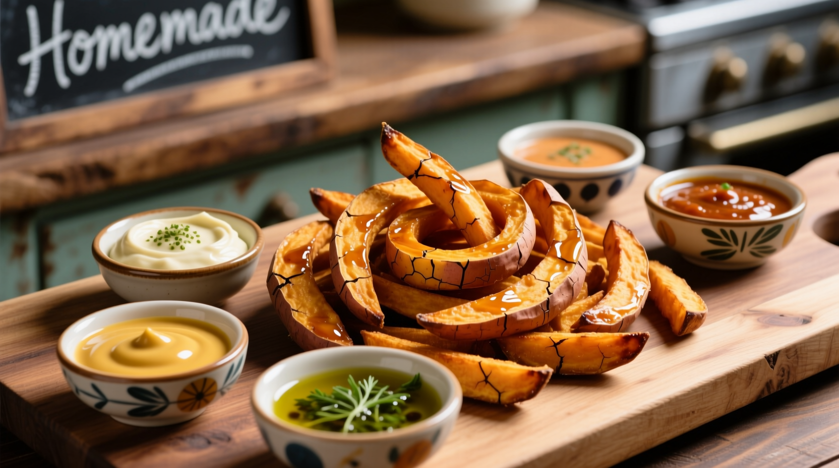 Sweet potato fries with various dipping sauces arranged artfully