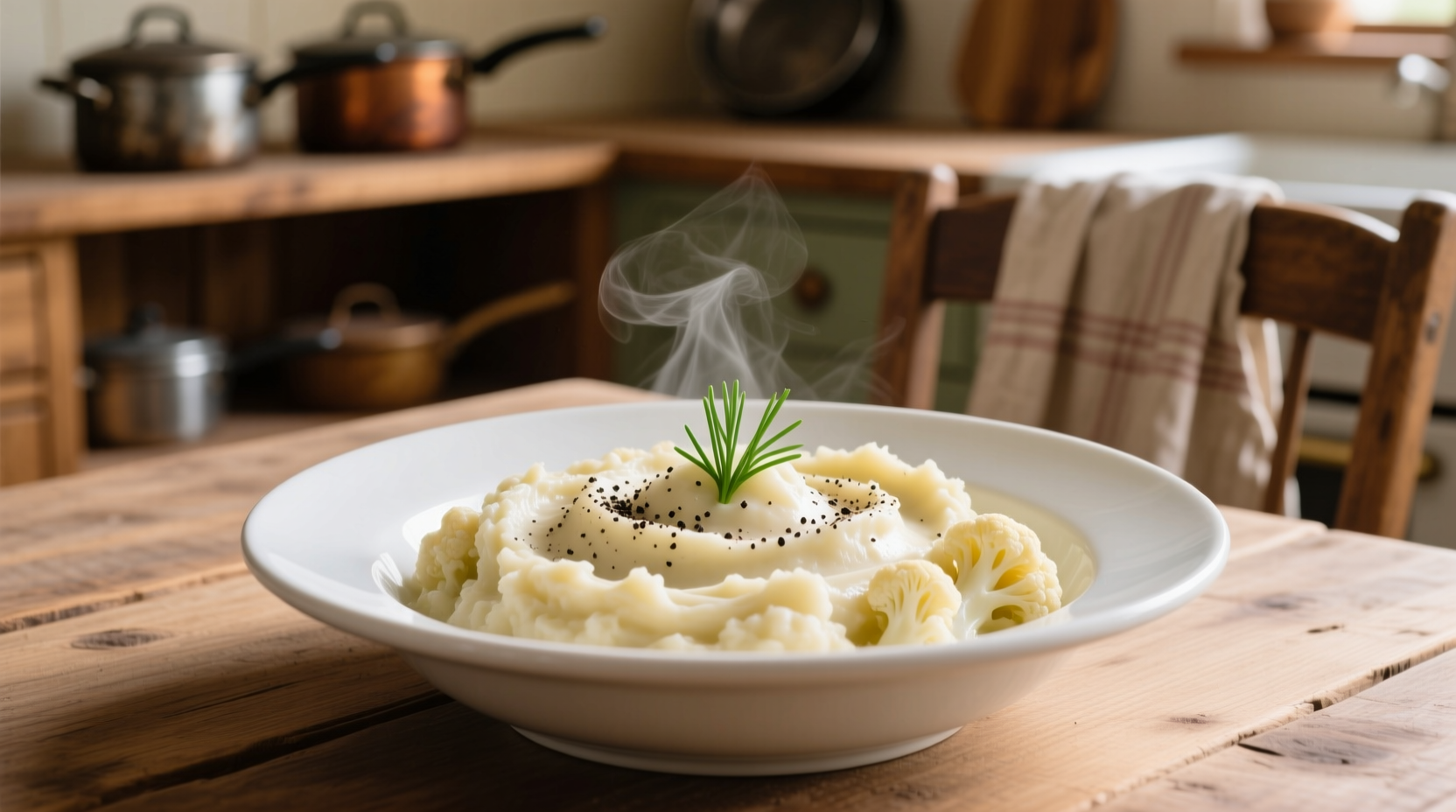 Creamy mashed potato and cauliflower blend in white bowl