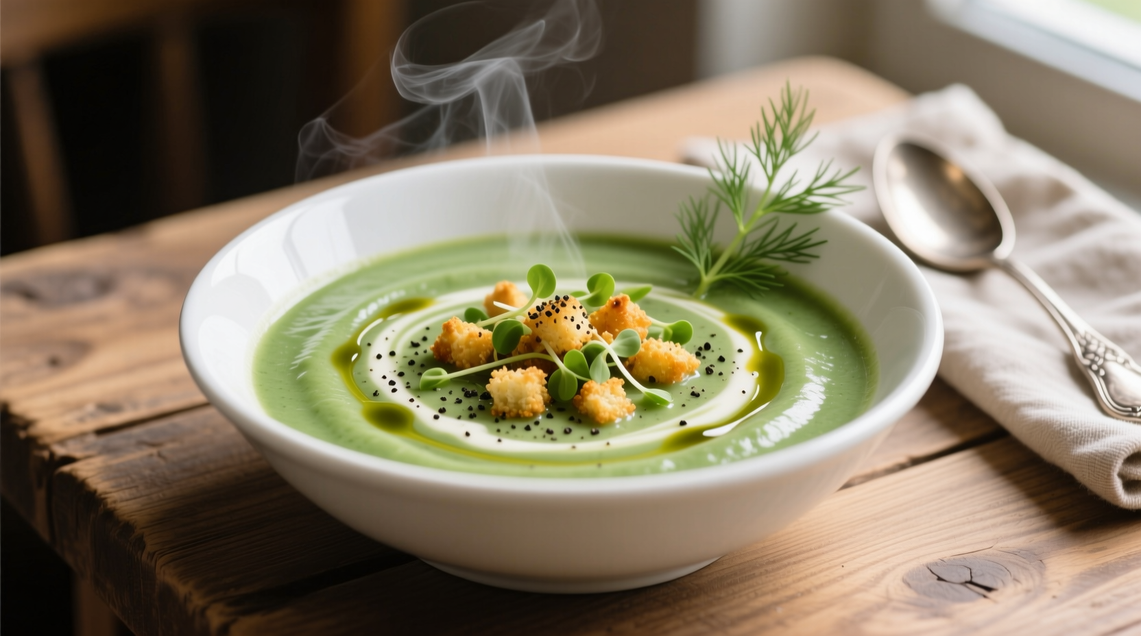 Creamy spinach soup in white bowl with garnish