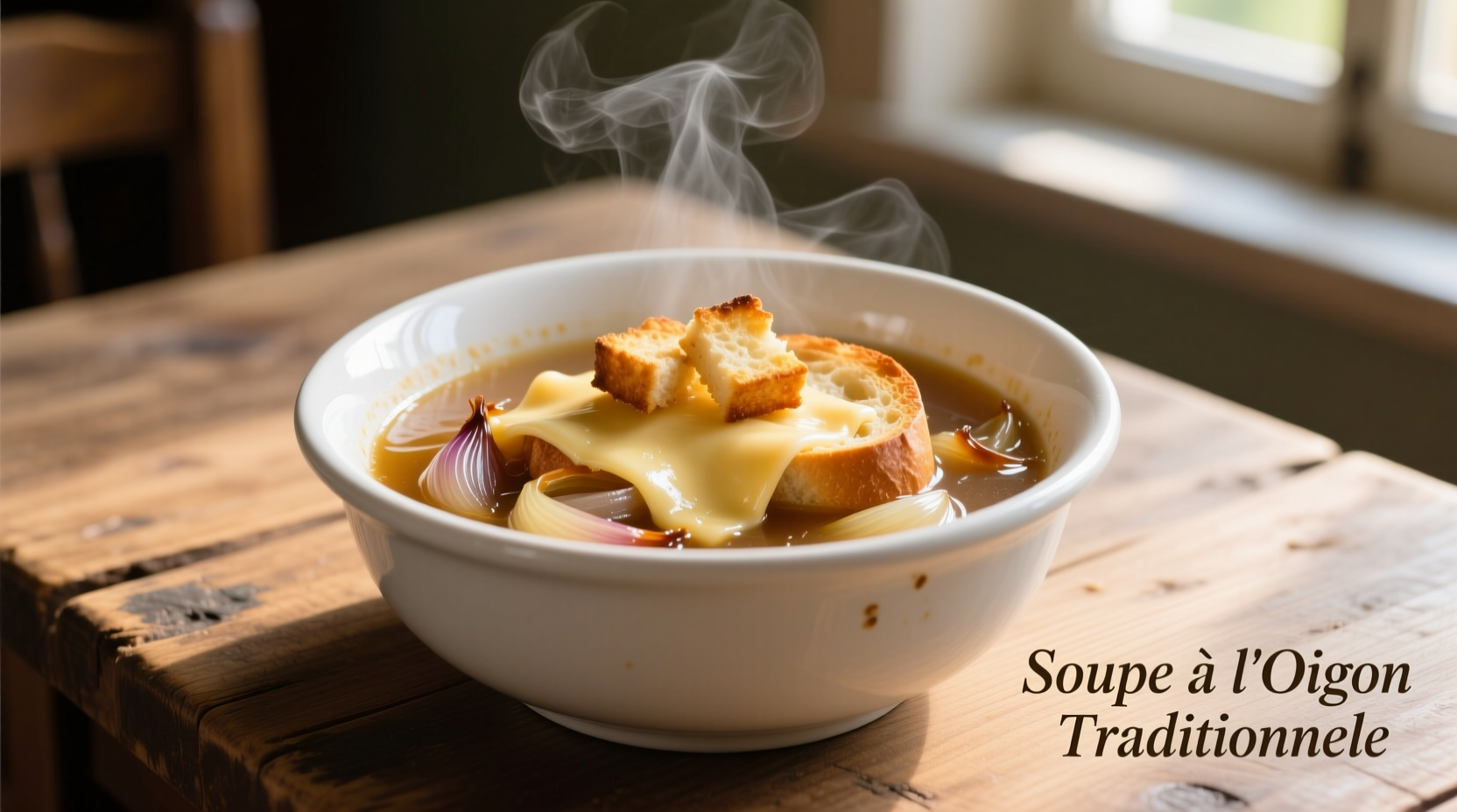 White ceramic french onion soup bowl showing proper preheating