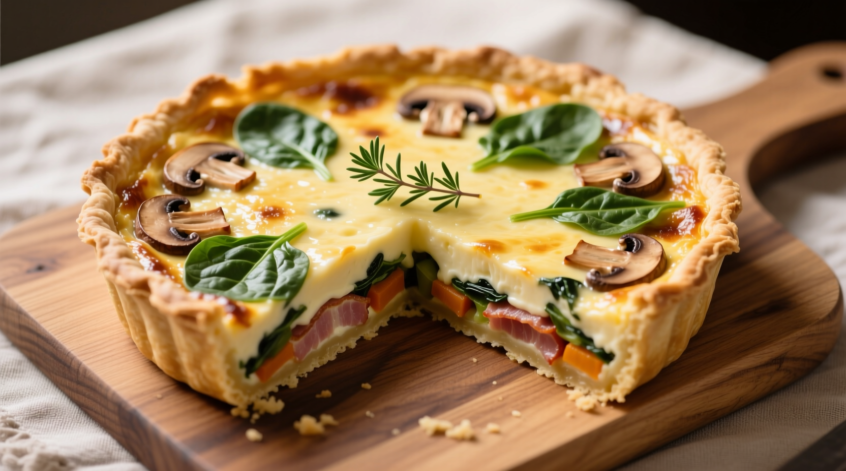 Perfectly baked quiche lorraine with spinach and mushrooms