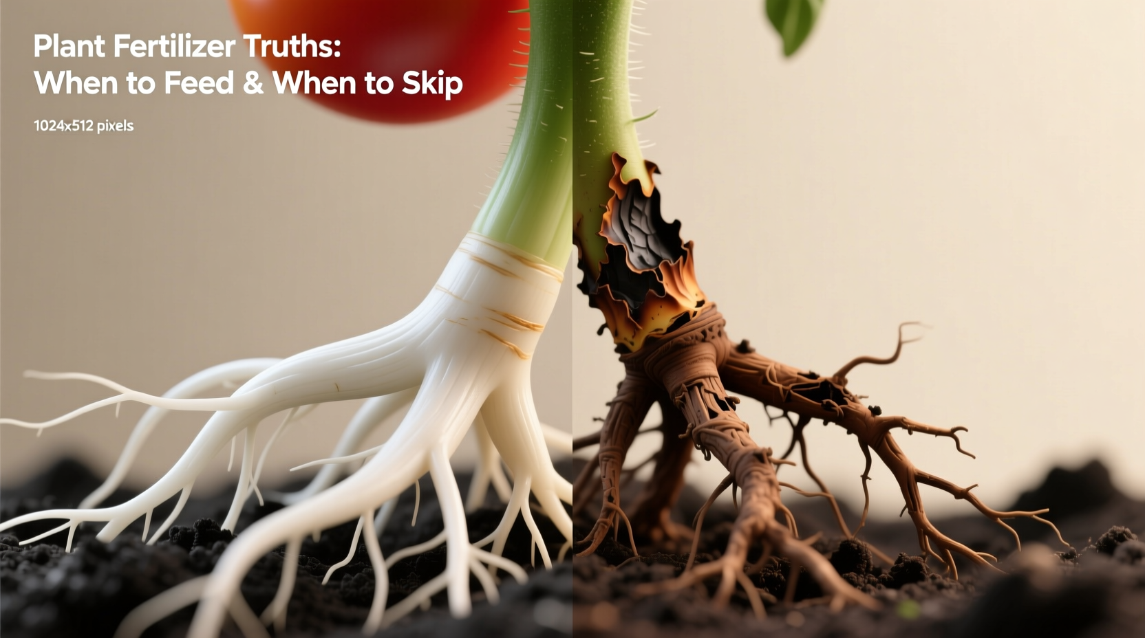 Tomato plant roots with fertilizer burn showing brown, brittle tips versus healthy white roots