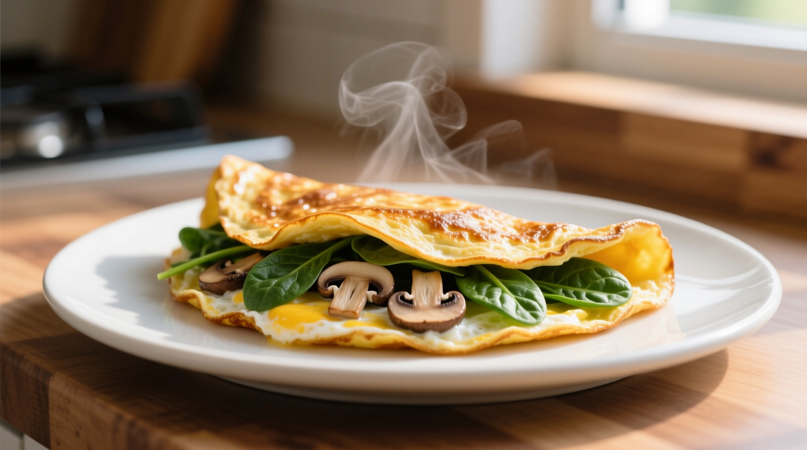 Perfectly folded spinach mushroom omelette with golden exterior