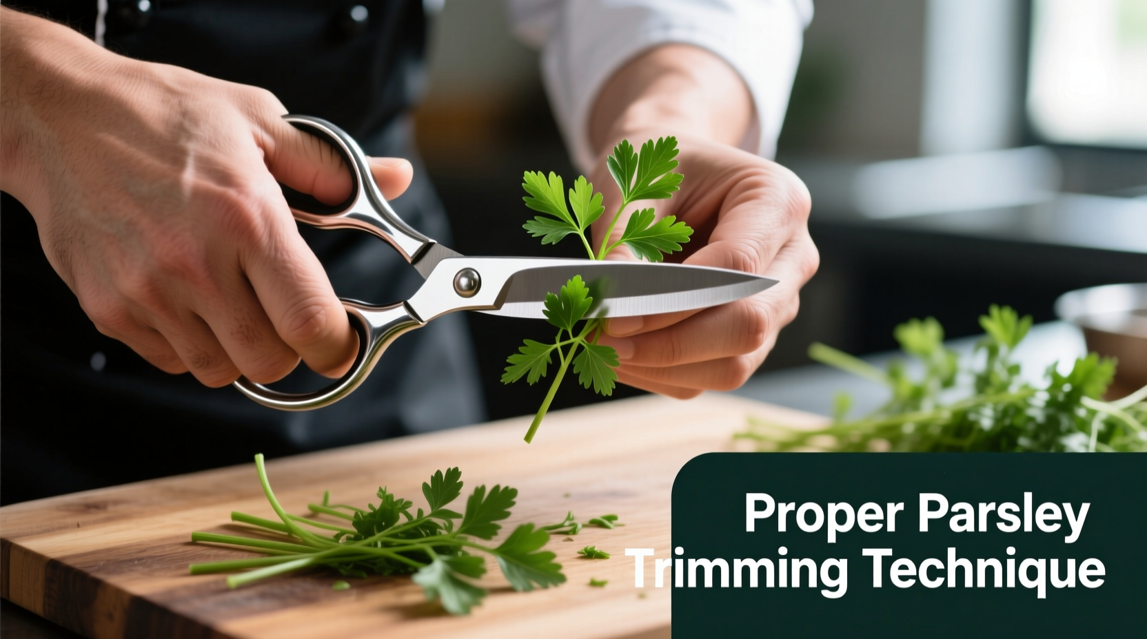 Chef's hand demonstrating proper parsley trimming technique with sharp shears