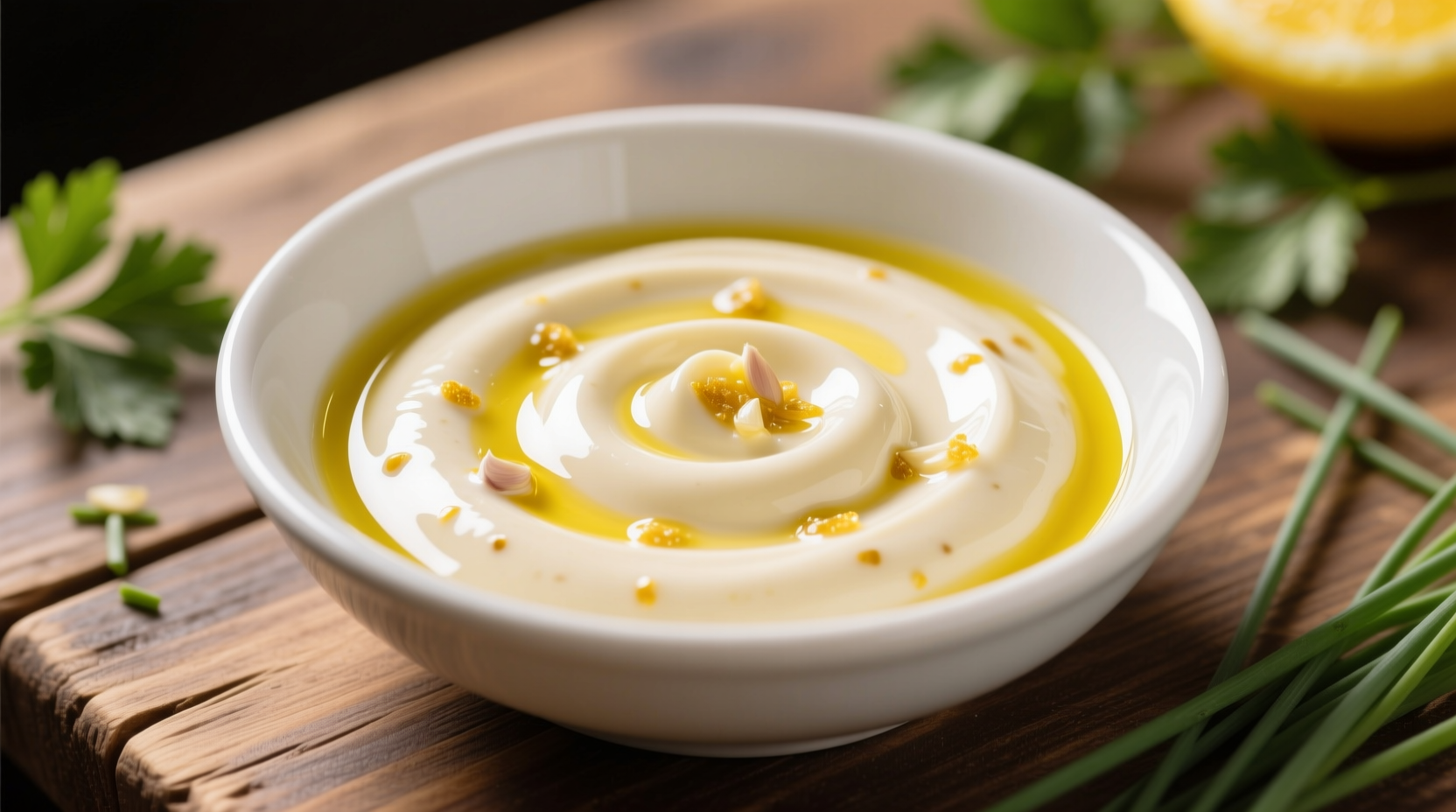 Creamy lemon garlic sauce in white bowl