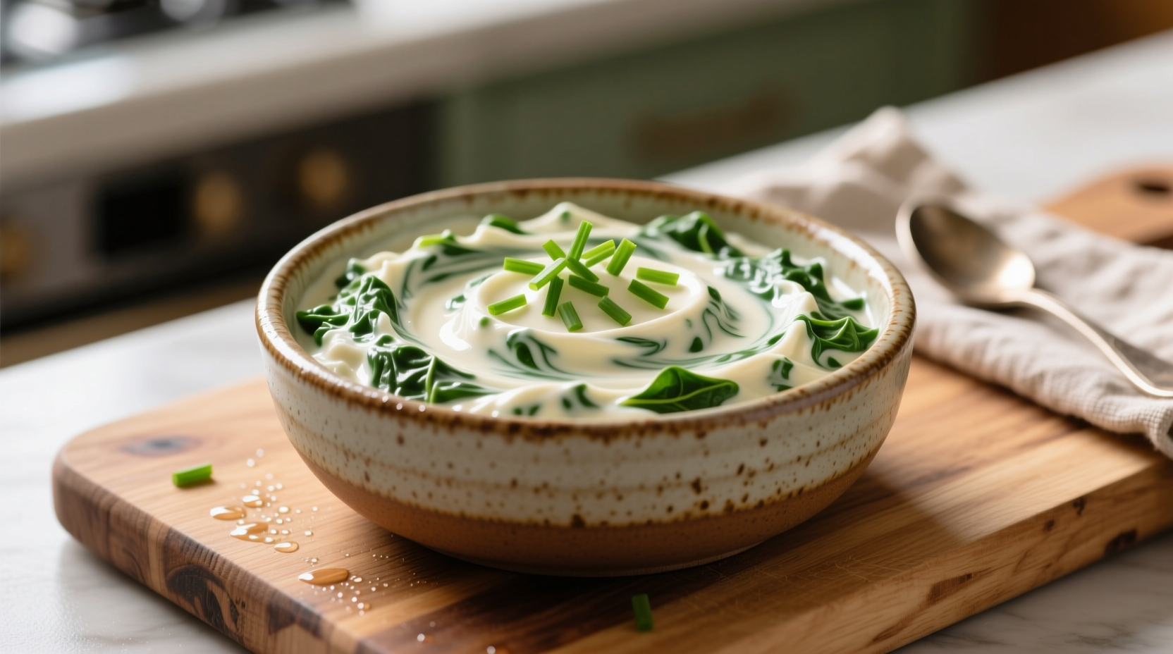 Creamy spinach dip with cream cheese in serving bowl
