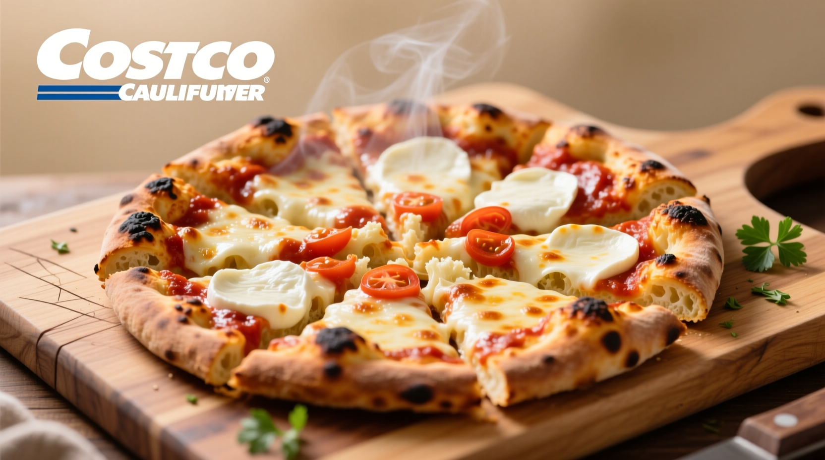 Perfectly baked Costco cauliflower pizza on cutting board