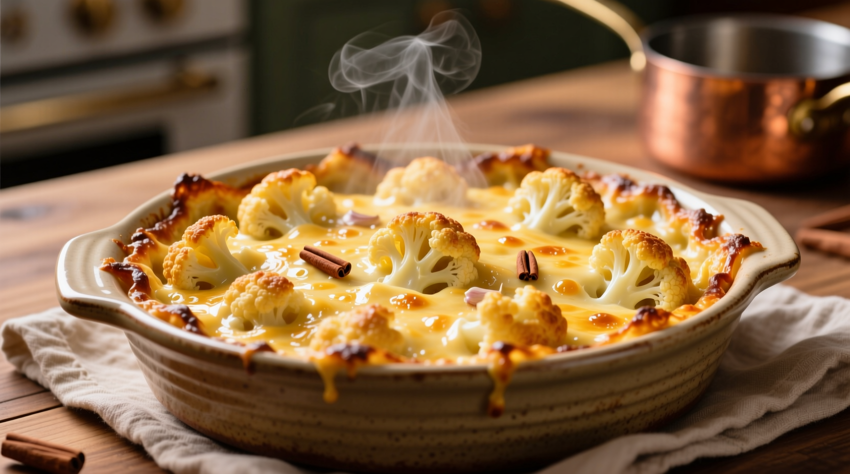 Golden baked cauliflower cheese casserole