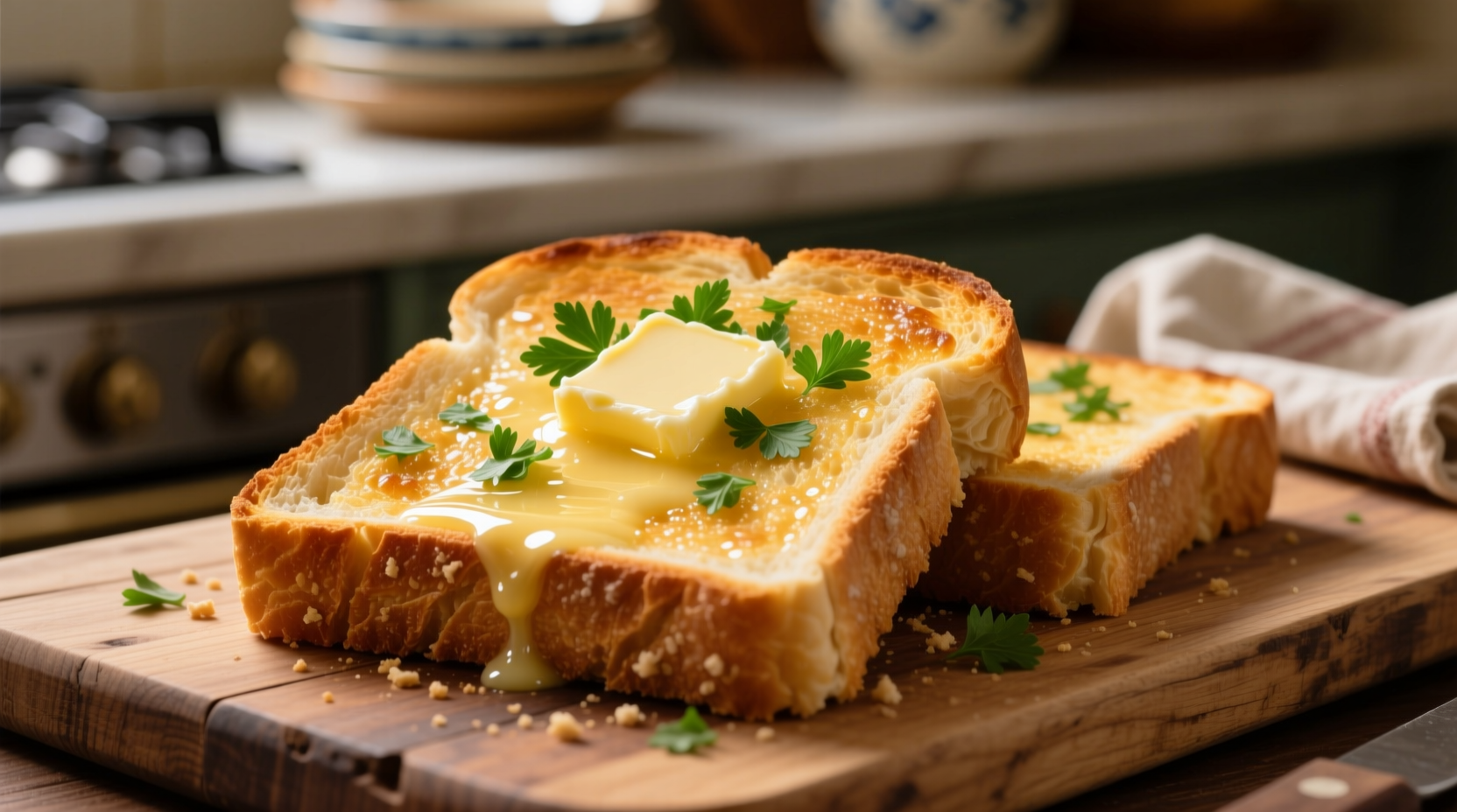 Perfectly golden garlic bread toast with melted butter