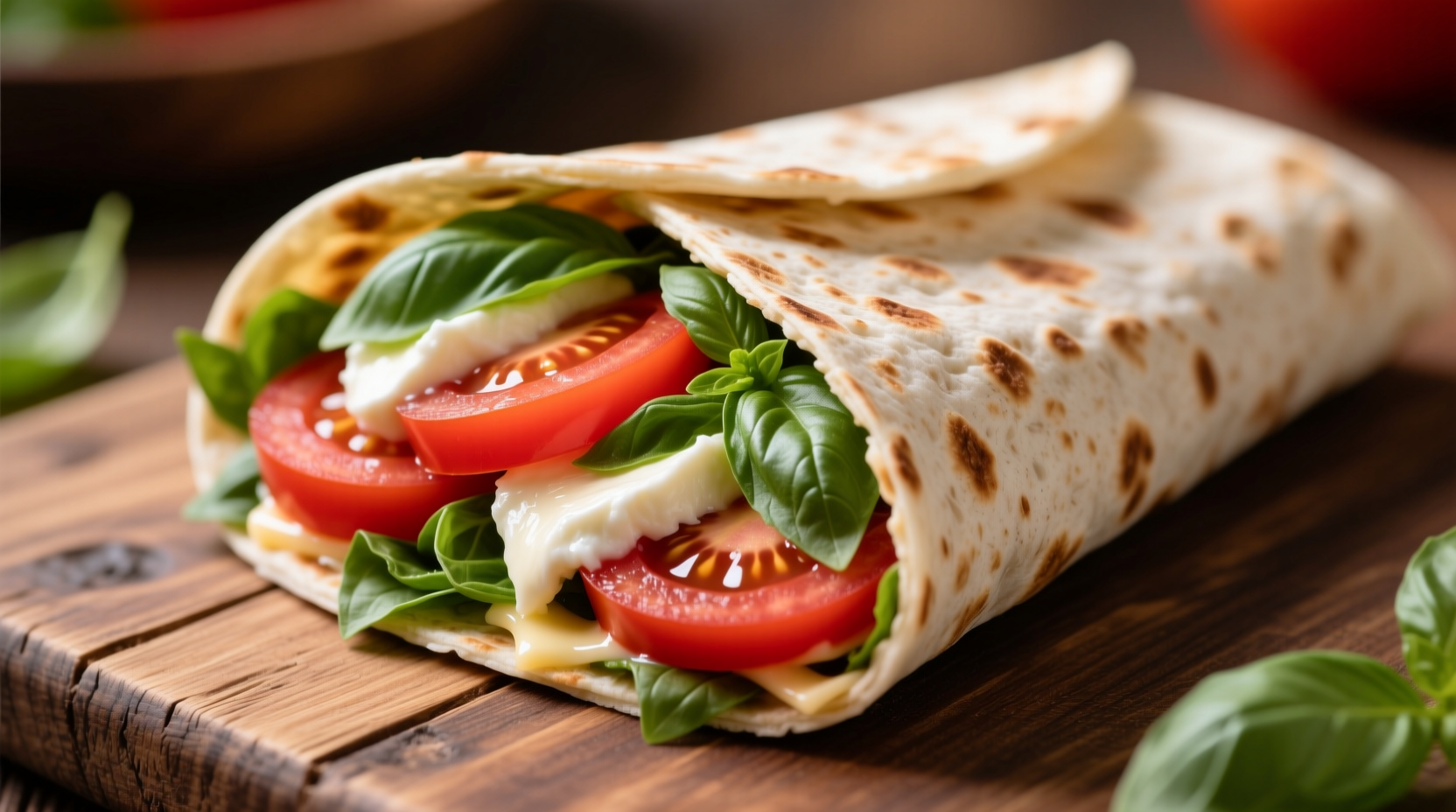 Fresh tomato basil wrap sliced diagonally