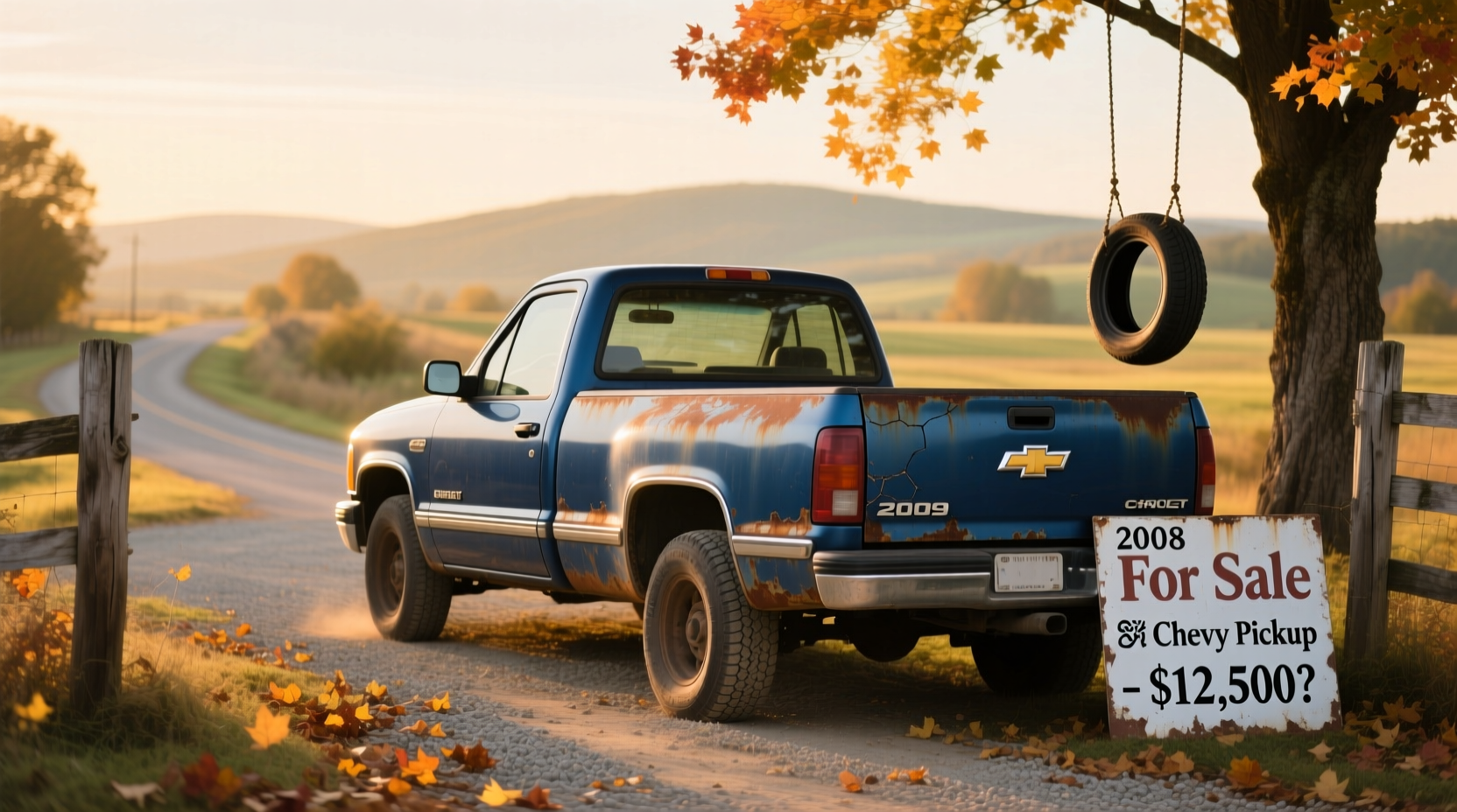 Side view of a 2009 pickup truck on paved road
