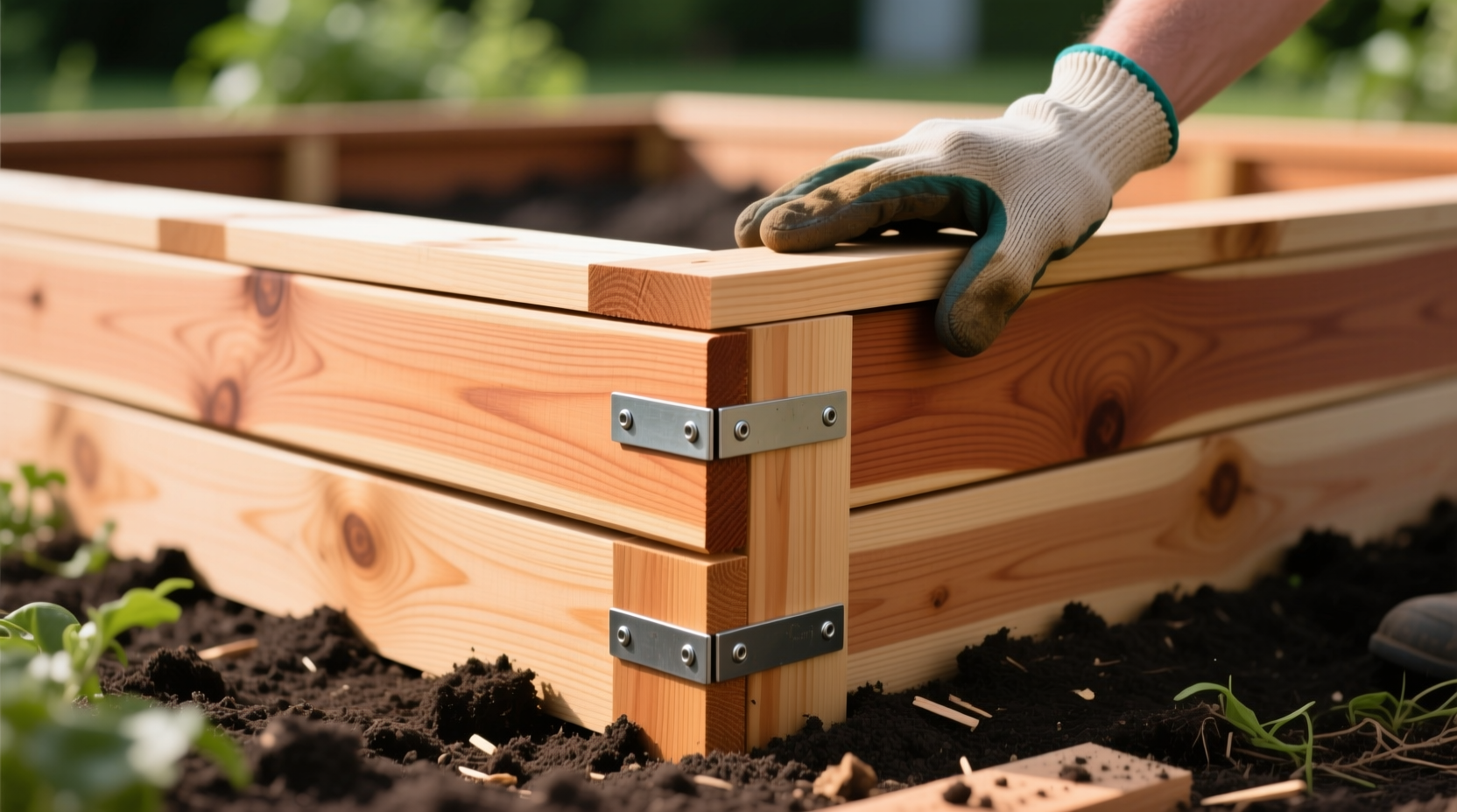 Step-by-step installation of cedar-raised garden bed with proper corner bracing and soil filling for seasonal planting