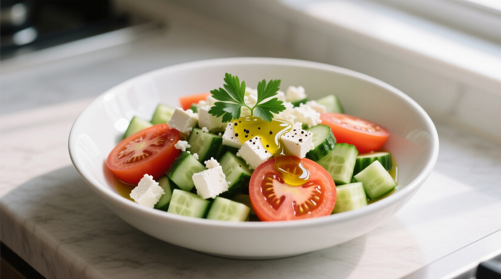 Fresh tomato cucumber feta salad in white bowl