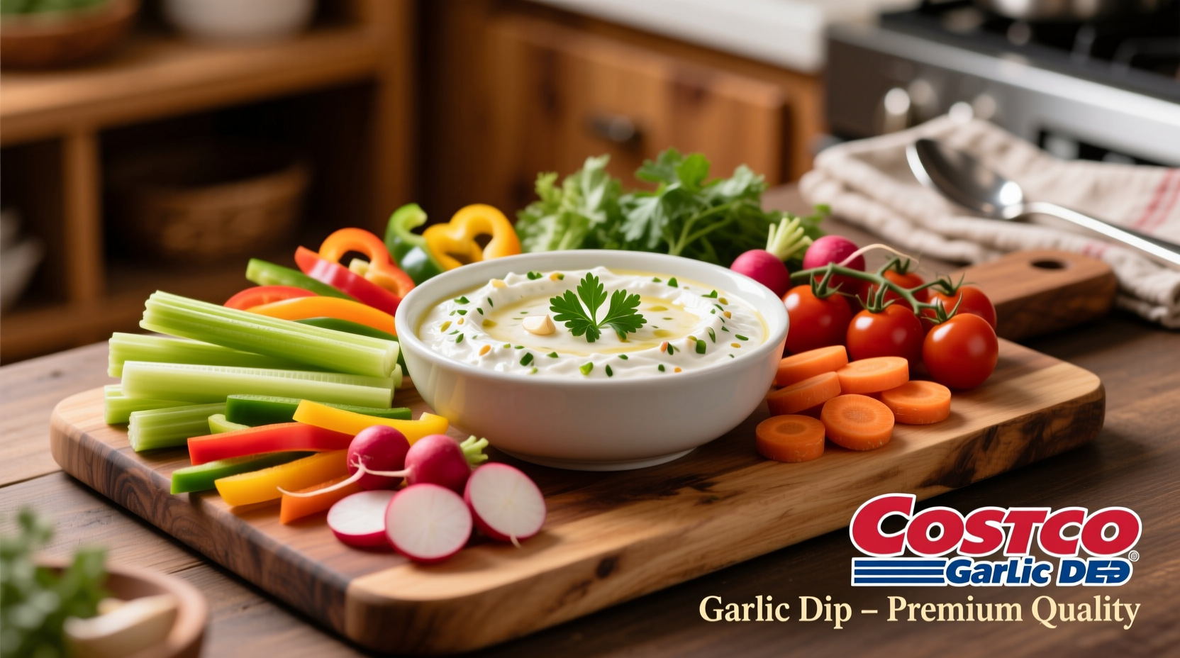Costco garlic dip served with fresh vegetables