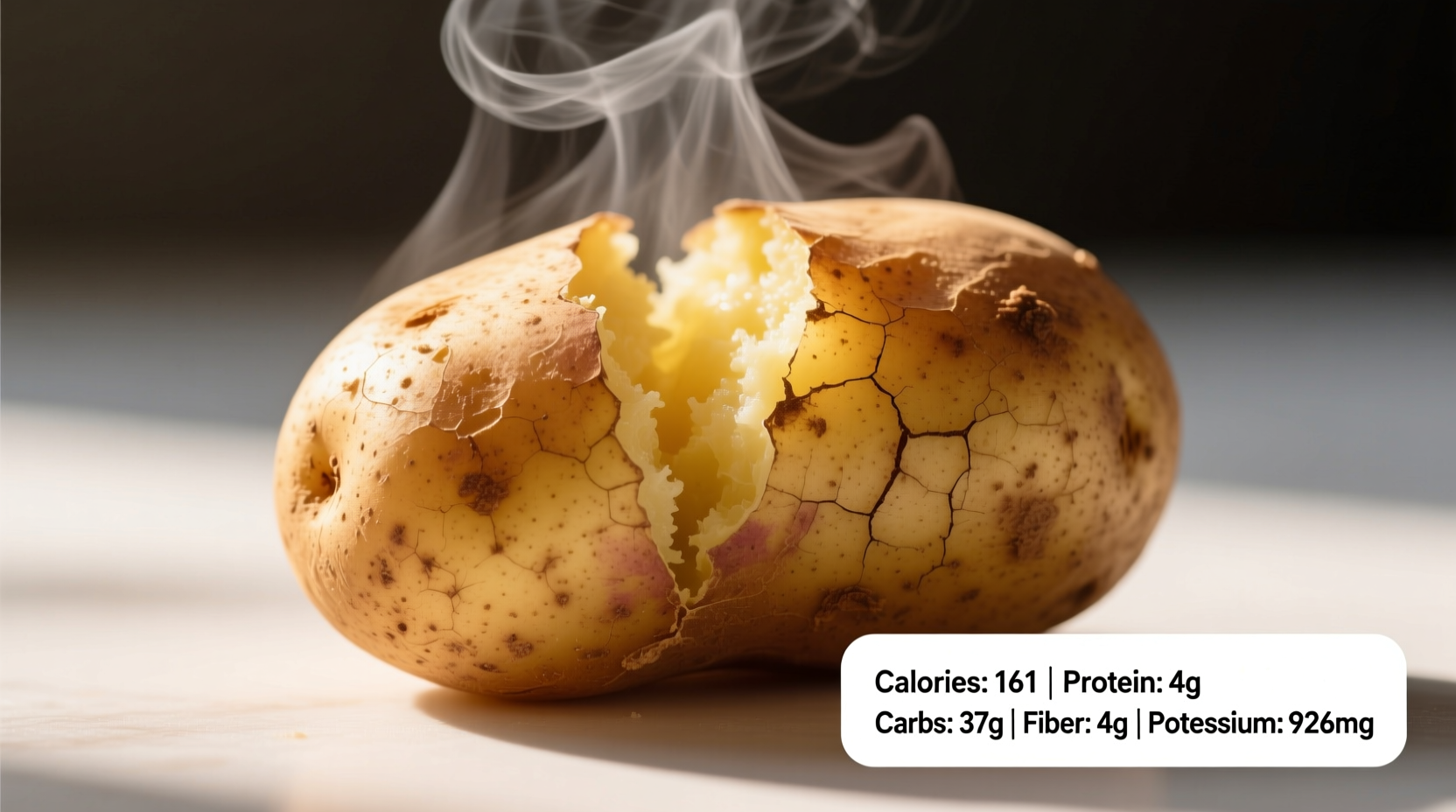 Fresh baked potato with skin showing nutritional information