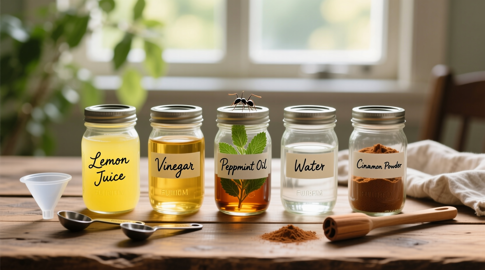 Homemade ant spray ingredients in mason jars