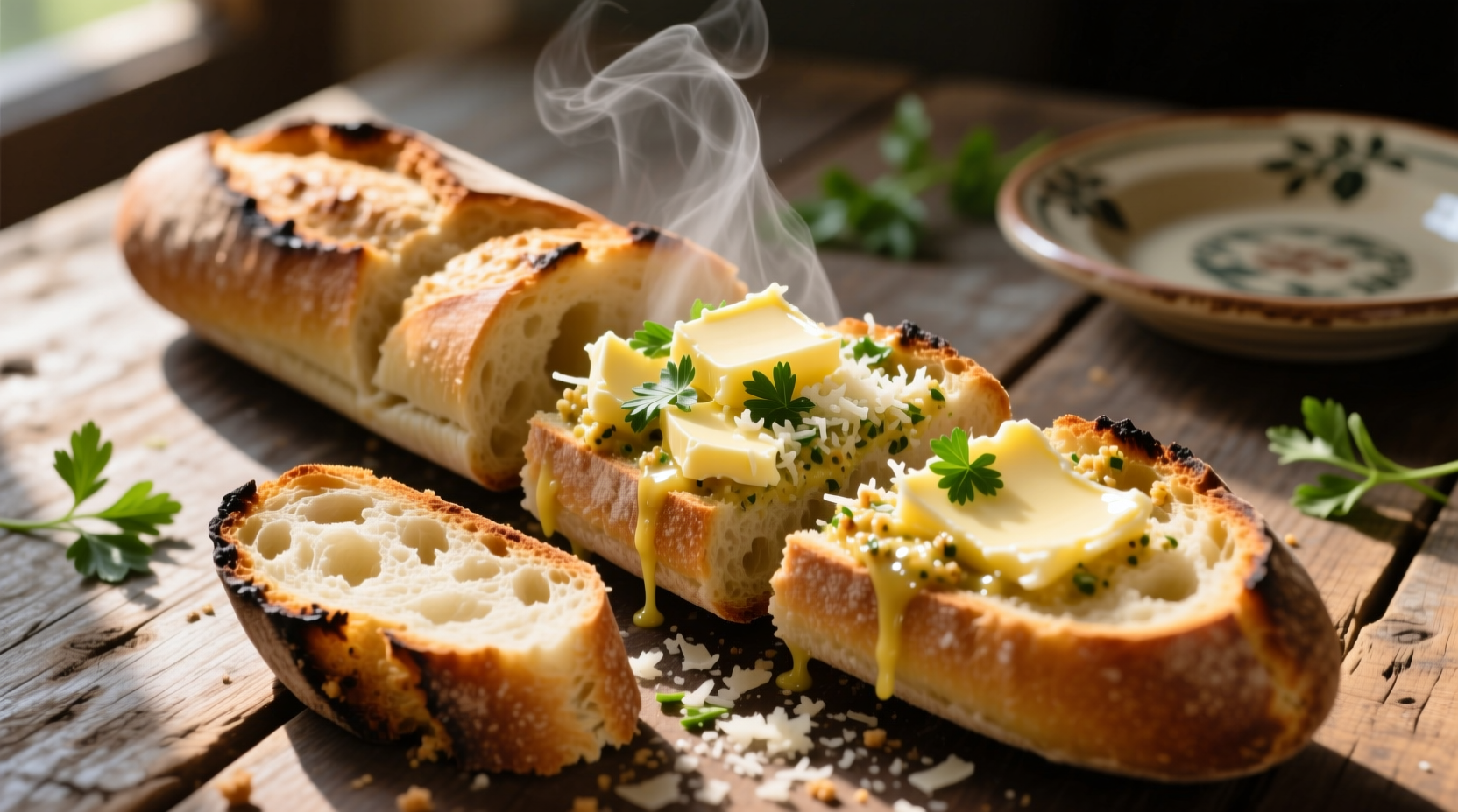 Homemade garlic bread spread on rustic baguette