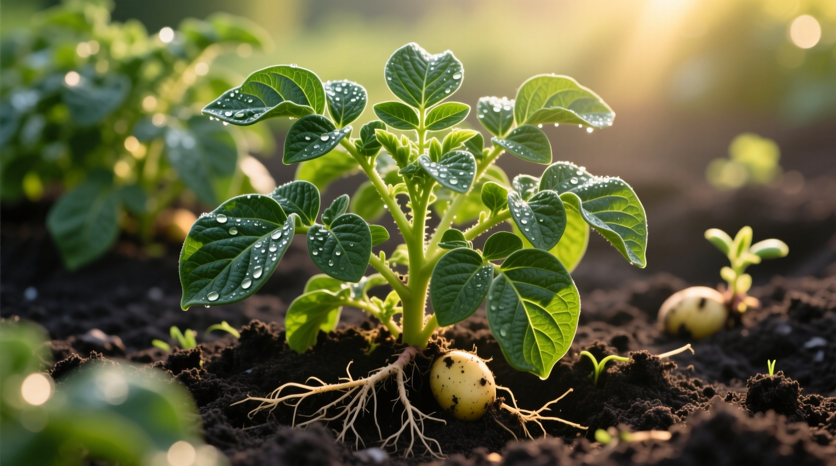 Healthy potato plants growing in well-prepared garden soil