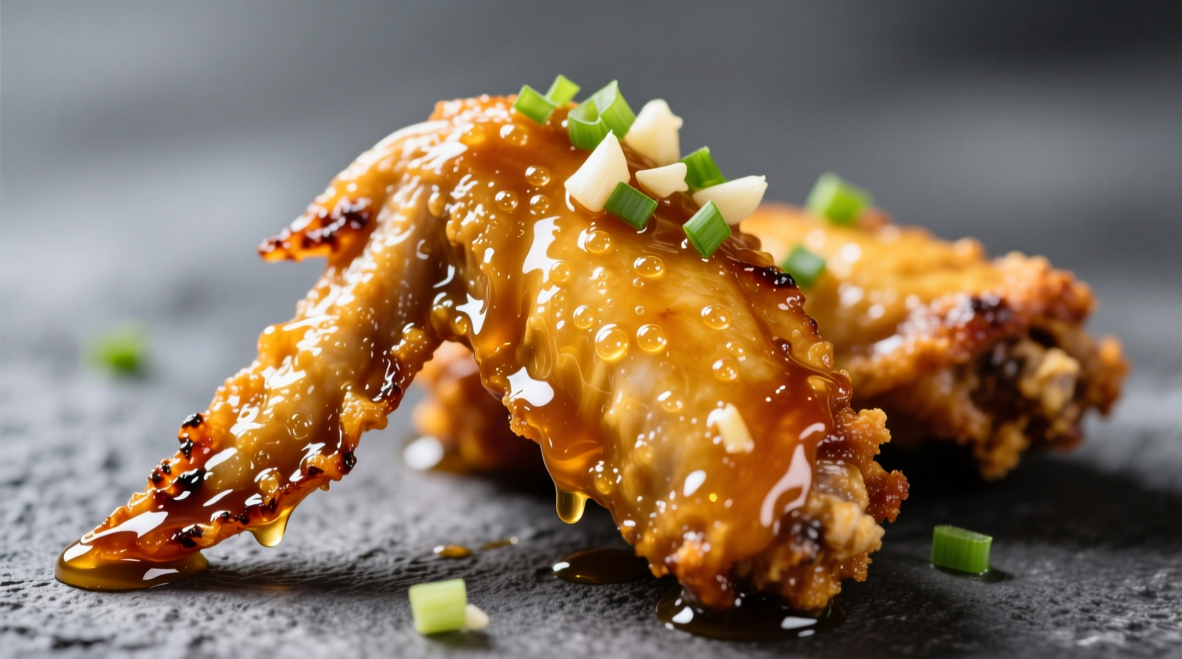 Golden honey garlic sauce coating crispy chicken wings