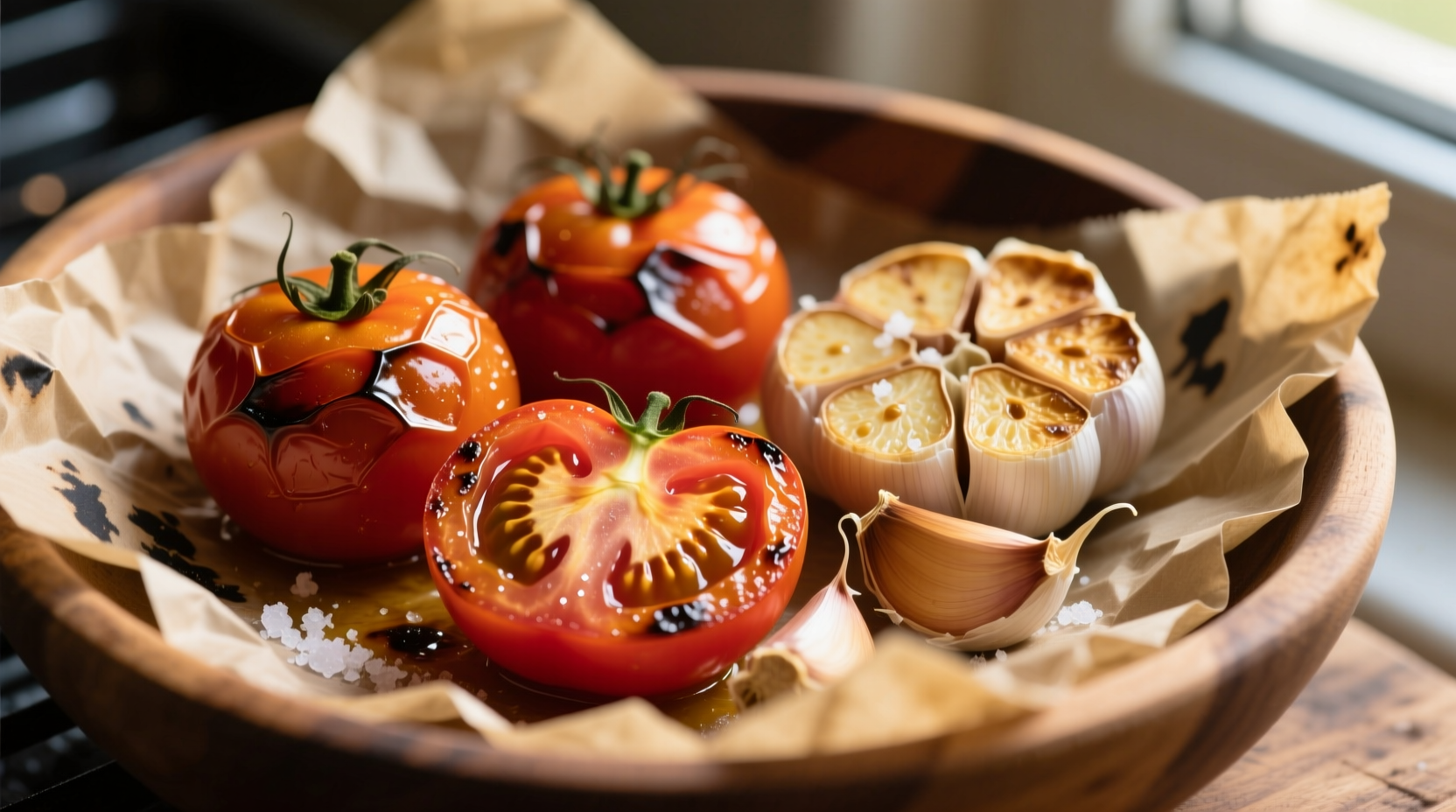 Golden roasted tomatoes and garlic cloves on parchment paper