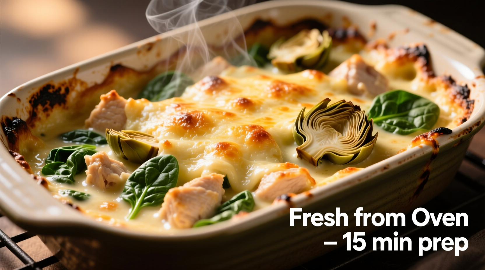 Creamy spinach artichoke chicken casserole fresh from oven