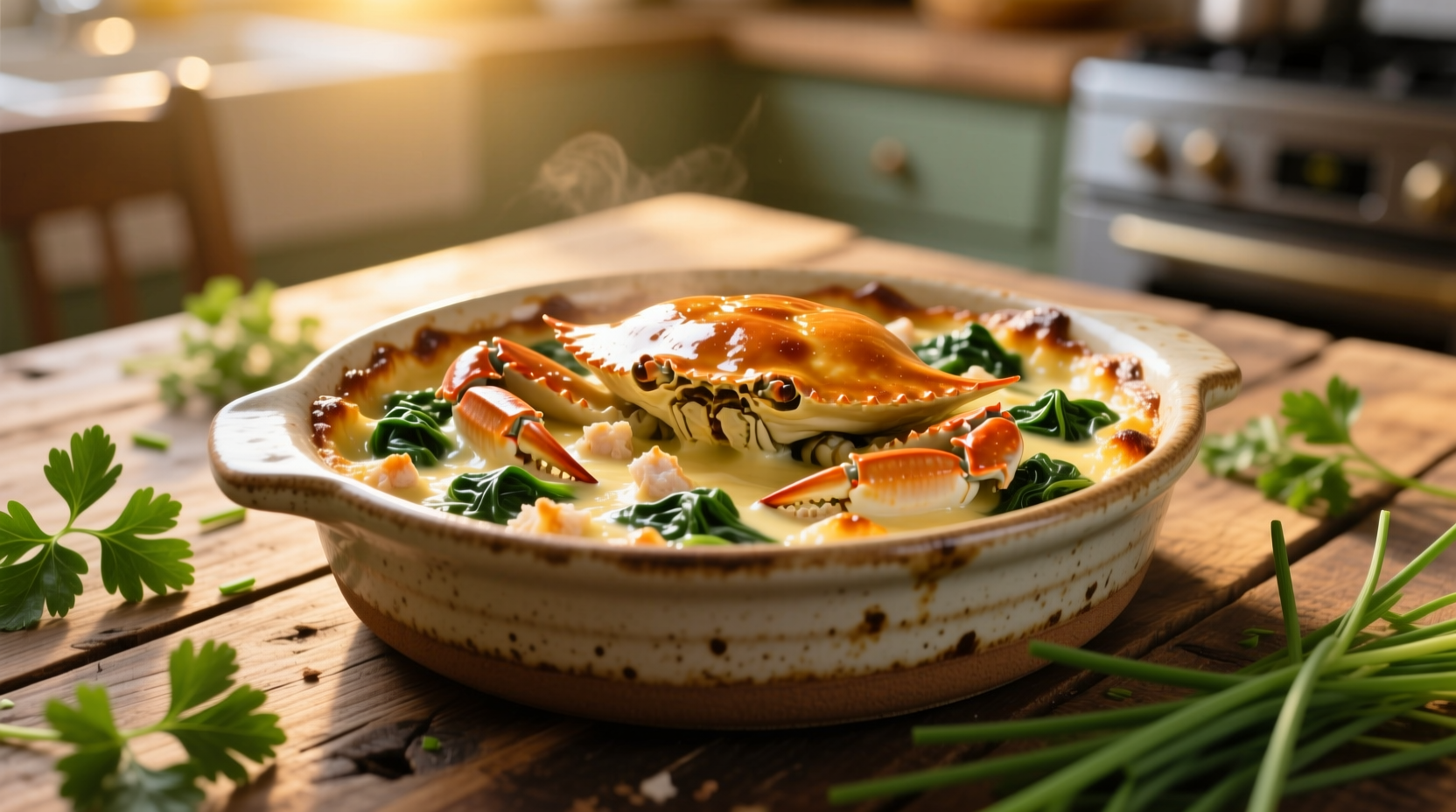 Golden baked crab and spinach dip in ceramic dish