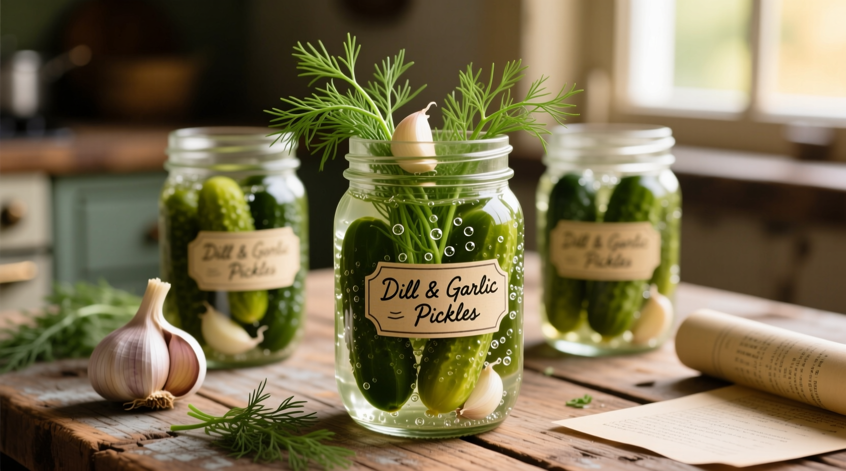 Fresh dill pickles with garlic in mason jars