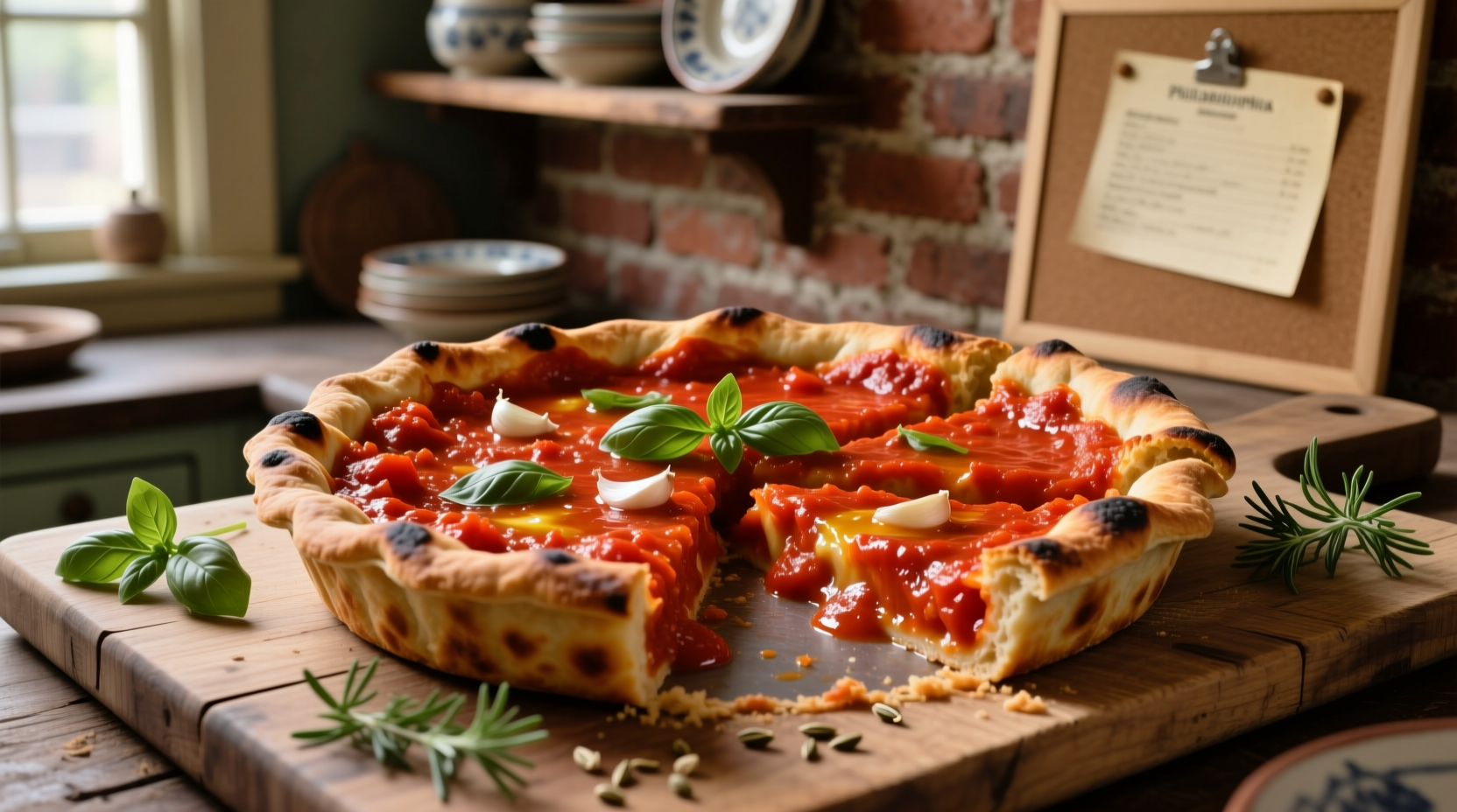 Traditional Philadelphia tomato pie with vibrant red sauce