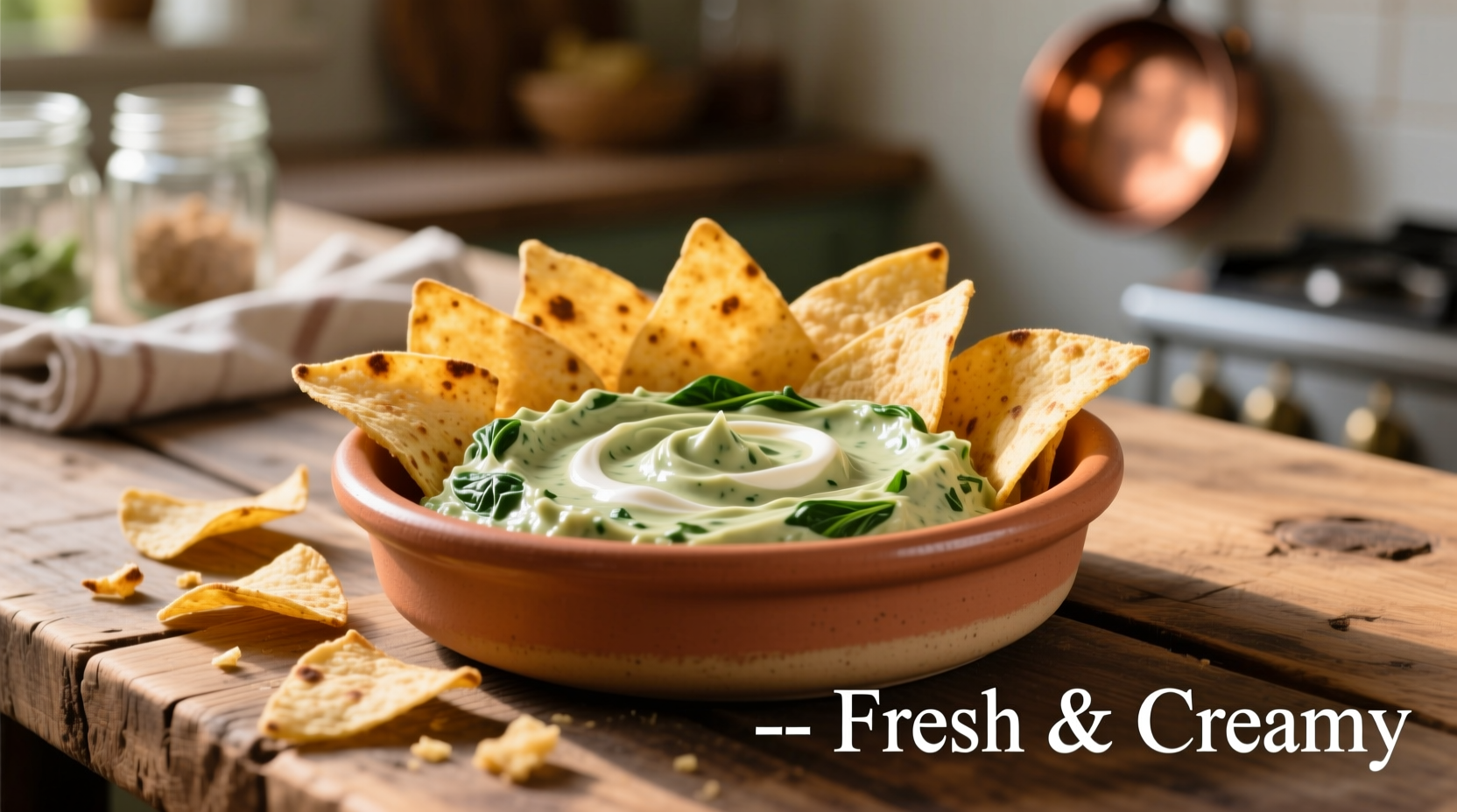 Creamy spinach dip with tortilla chips in serving bowl