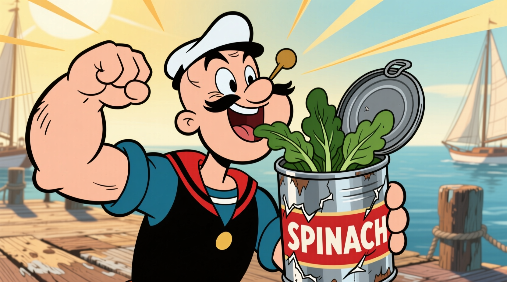 Vintage Popeye cartoon eating canned spinach