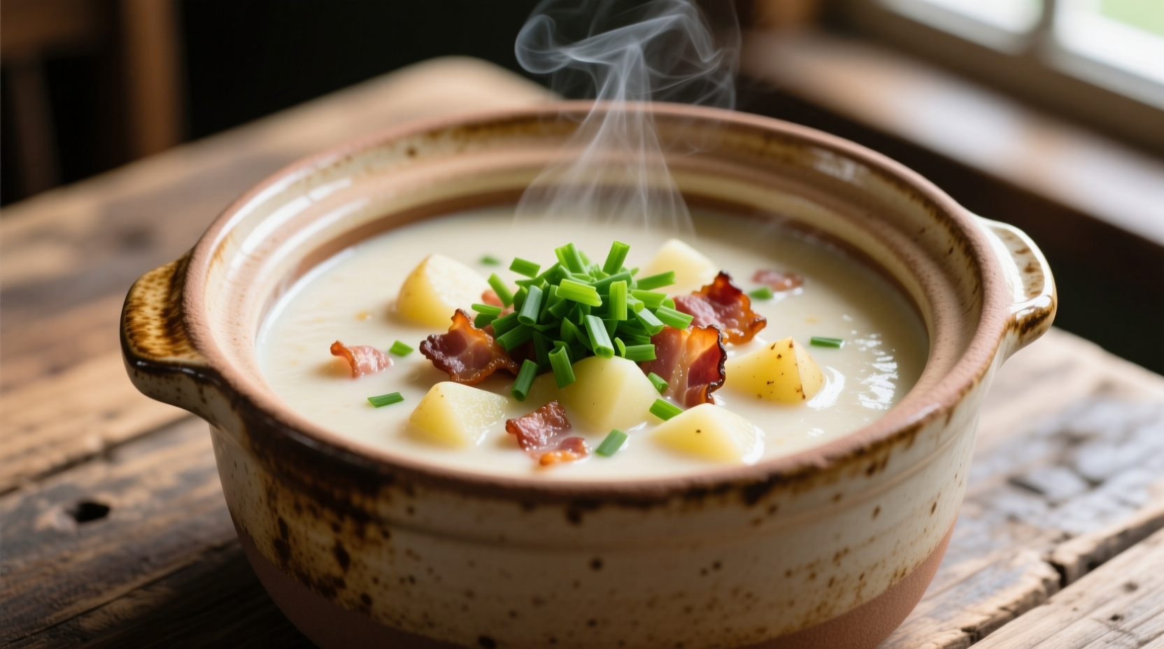 Crock pot filled with creamy potato bacon soup topped with fresh chives