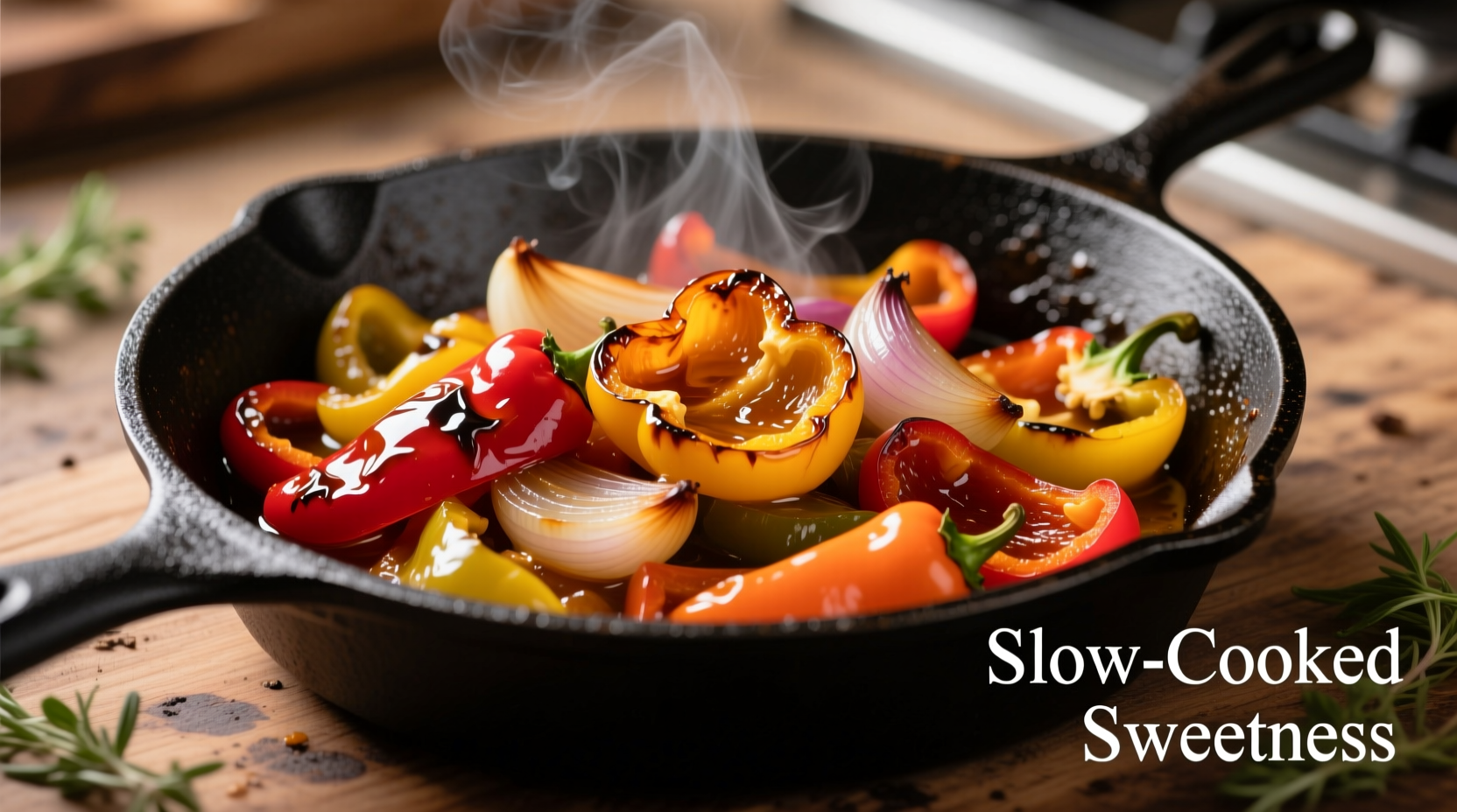 Perfectly caramelized peppers and onions in cast iron skillet