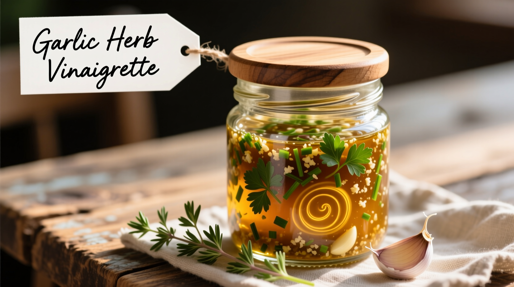 Homemade garlic vinaigrette in glass jar with fresh herbs