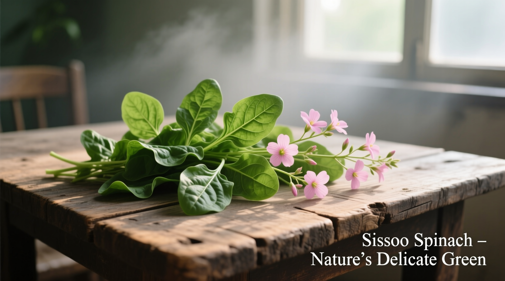 Fresh sissoo spinach leaves and flowers on a wooden table