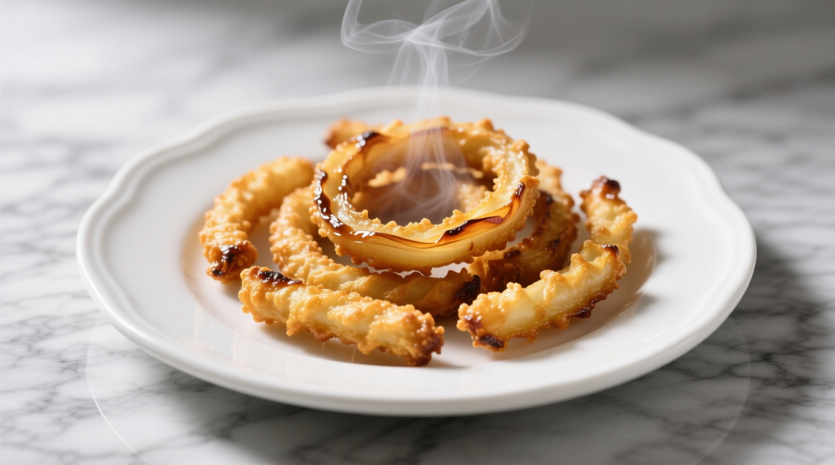 Golden brown air fryer onion strings on white plate