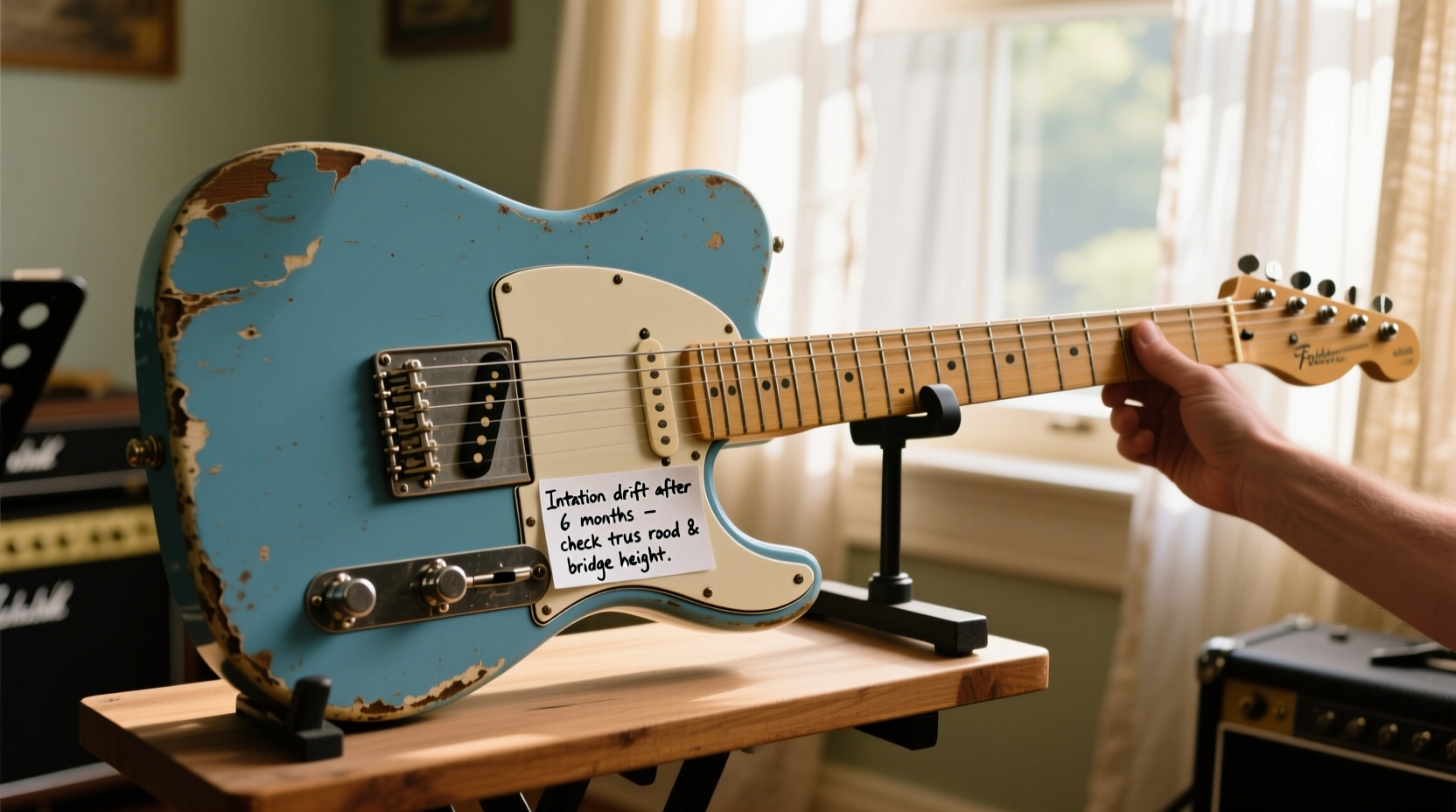 How to fix high string action and intonation drift on a Daphne blue heavy relic guitar after 6 months of apartment practice (2026)