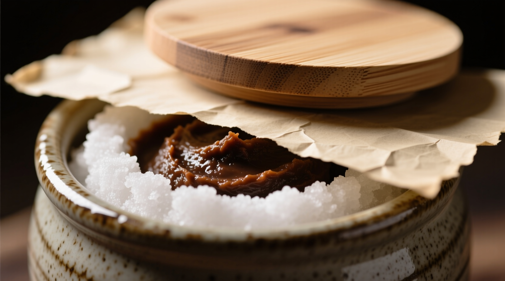 Close-up photo showing a ceramic miso crock with a perfectly even, matte-white salt layer covering the dark brown miso surface, parchment paper pressed flush against the salt, and a snug-fitting wooden lid secured on top