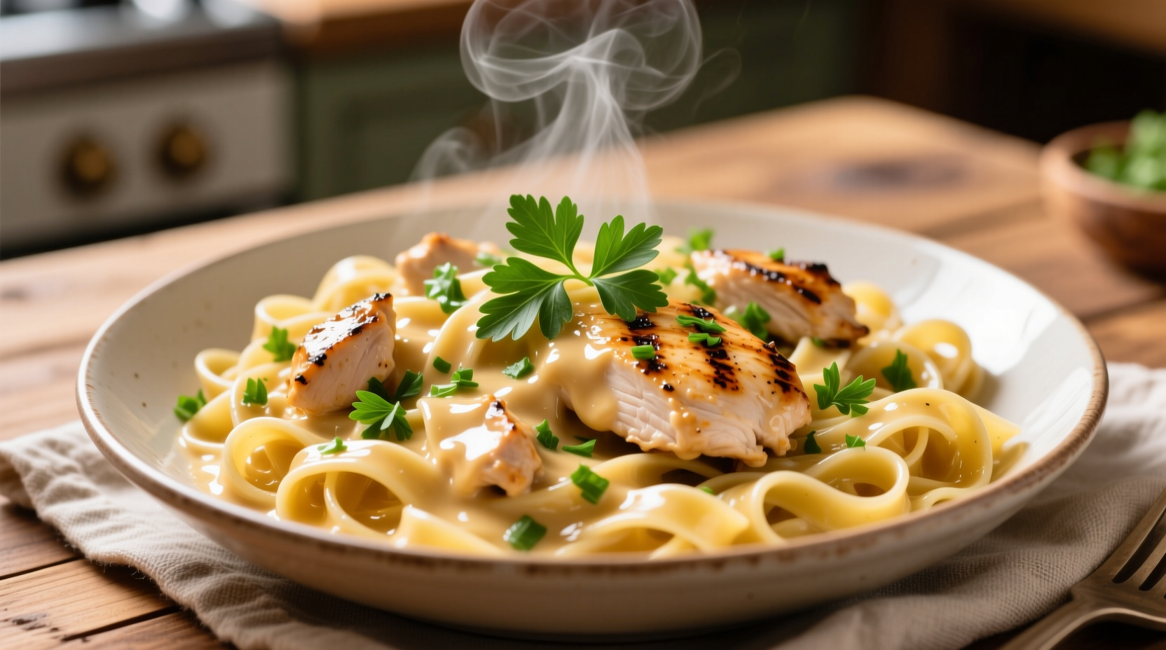 Creamy chicken garlic pasta with fresh parsley