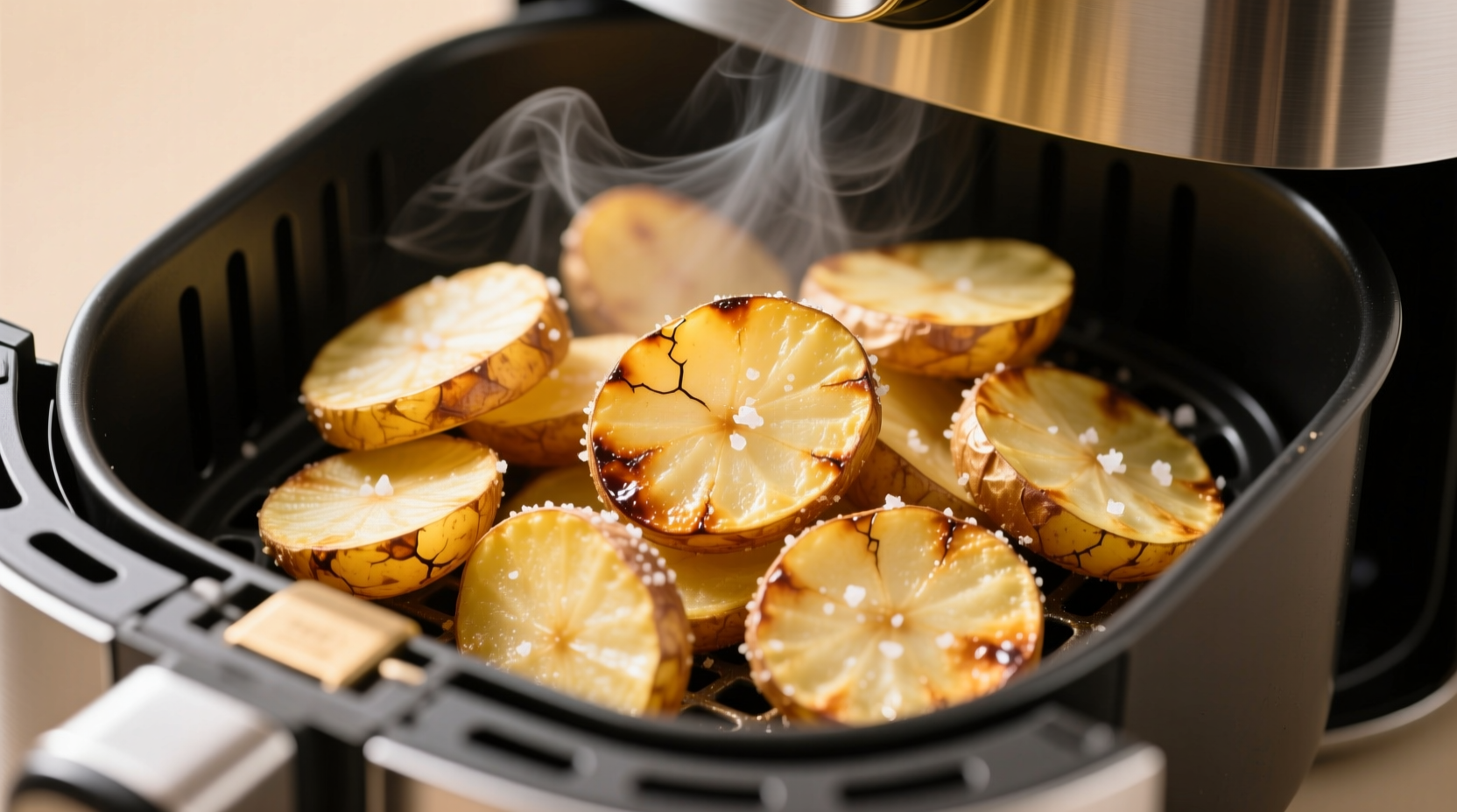 Golden crispy potato slices in air fryer basket