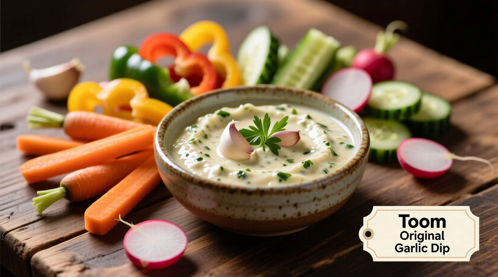 Toom Original Garlic Dip with fresh vegetables