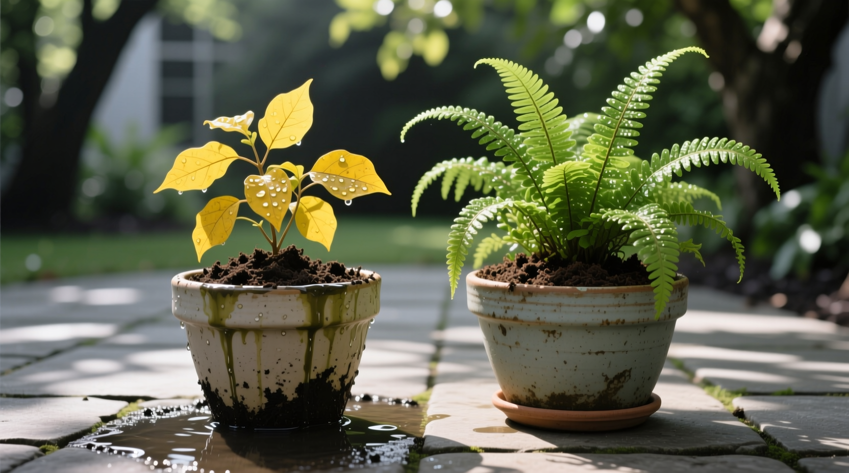Side-by-side containers: one with yellow leaves from overwatering in shade, one with healthy ferns in well-drained pot